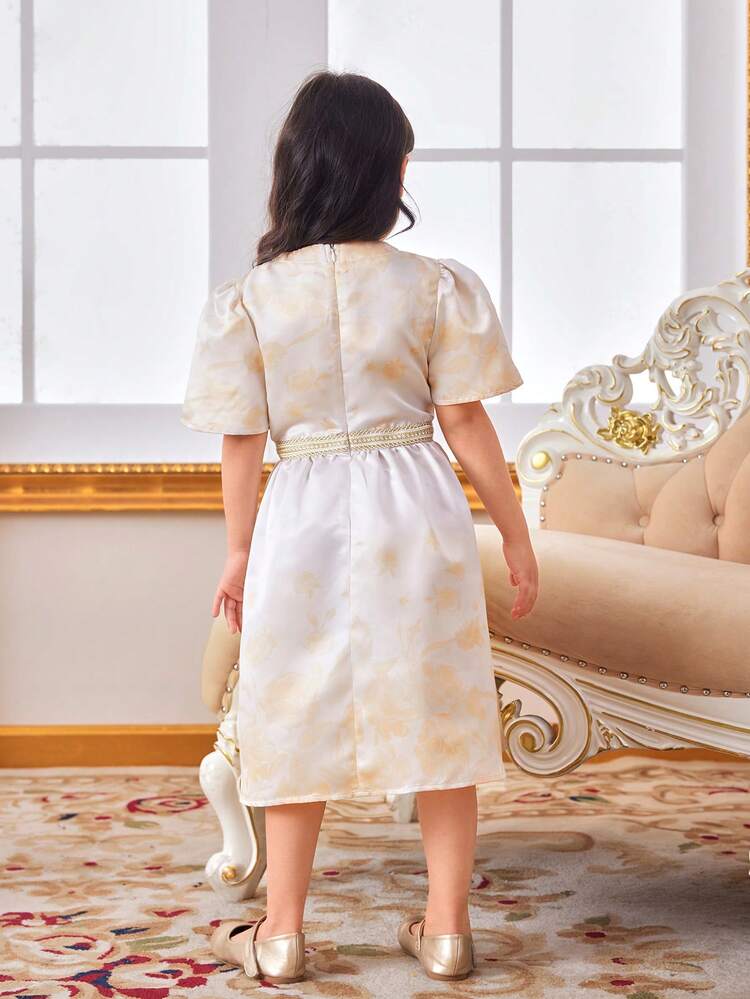 Young Girls' Floral Pattern Laced Belt Embellished Mid-Length Dress