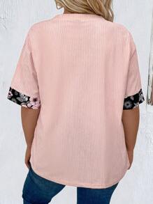 EMERY ROSE Floral Print Plus Size Splice Shirt - Watermelon Pink - View 2