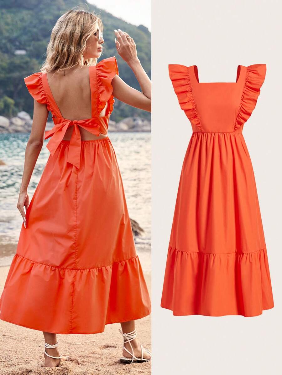 SHEIN VCAY Summer Women Beach Clothes Solid Orange Color Holiday Style Backless Bow-Knot Strap Ruffle Hem Long Dress - Orange - View 1