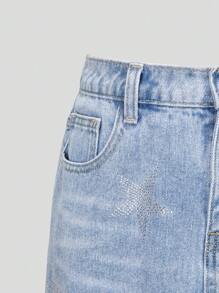 Teen Girls' Light Wash Ripped Denim Skirt With Rhinestone Embellishments - Light Wash - View 3