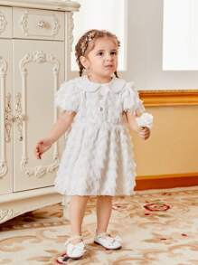SHEIN Glamorique Kids 春夏款白色彼得潘領流蘇裙,可愛、休閒、優雅,適用於女嬰 - 彩色 - 查看 5