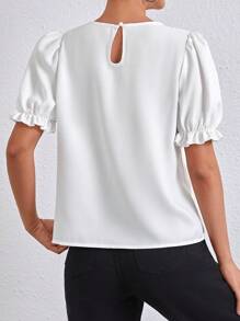 SHEIN Essnce Ladies' Solid Color Puff Sleeve Blouse,Short Sleeve Tops - White - View 2
