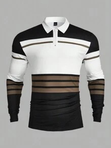 Calvornis 男士半拉鍊條紋 Polo 衫，長袖黑白條紋拼接正式休閒 Polo 衫，適合登山、秋季、幽默丈夫、秋季、儀式 - 黑與白 - 查看 4
