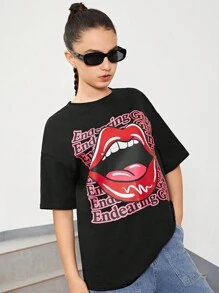 SHEIN Teen Girls' Casual Drop Shoulder T-Shirt With Big Mouth Printed, Round Neck - Black - View 3