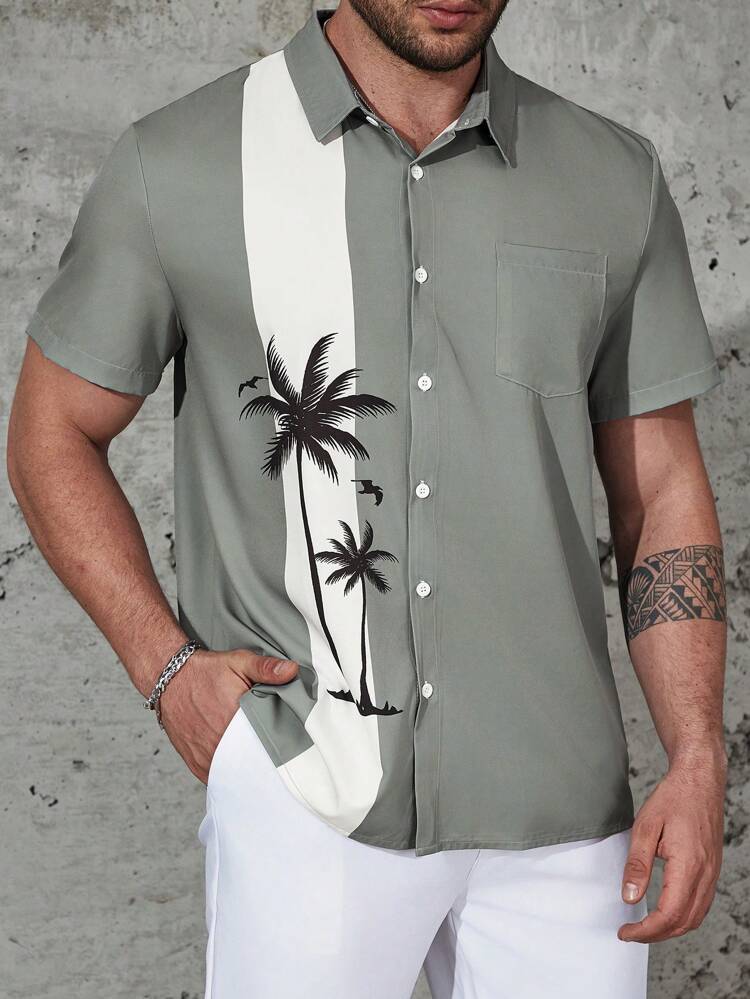 Men Plus Coconut Tree Print Button Front Shirt