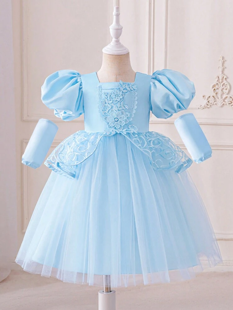 Baby Girl Embroidered Tulle Short Puff Sleeve Party Dress. Ideal For Birthday Parties, Evening Parties, Performances, Weddings, Baptisms, And First Birthday.