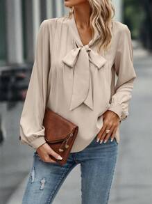 SHEIN LUNE Cà vạt Tay áo lồng đèn Áo sơ mi - Màu be - Xem 3