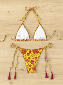 SHEIN Swim Conjunto de bikini con estampado floral de cuello de halter para mujeres - Multicolor - Ver 4