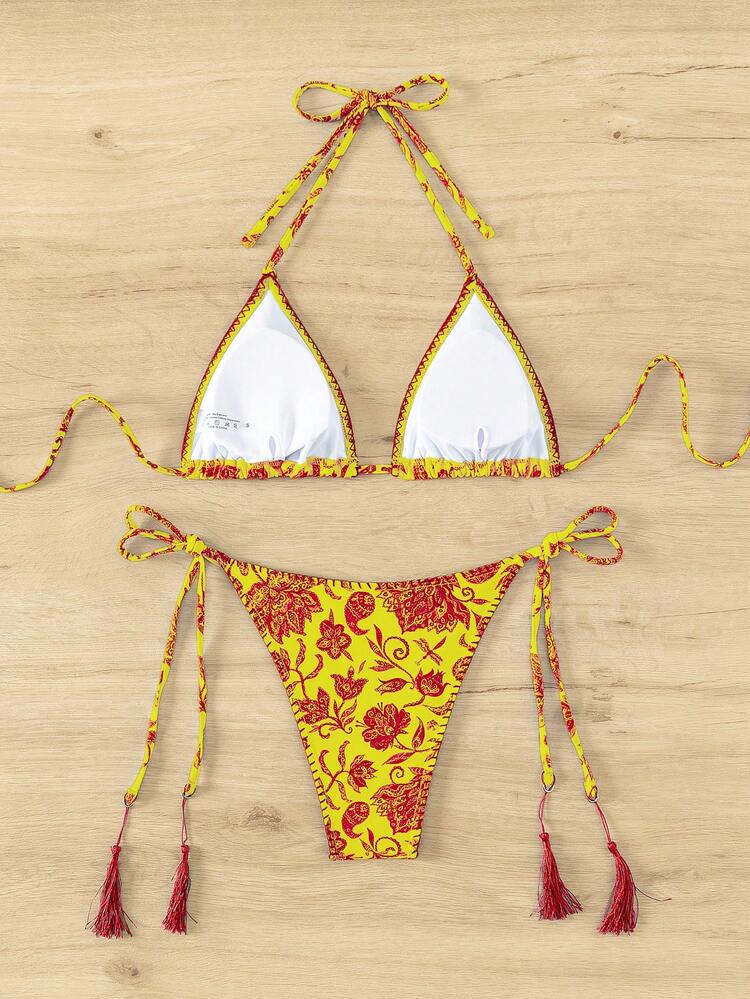 Summer Floral Printed Halter Neck Bikini Set For Women