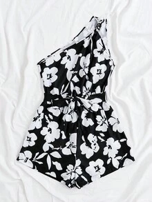 Soleia 女裝花卉印花單肩無袖連體褲 - 黑與白 - 查看 4