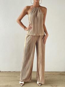 SHEIN Revavyn Women's Solid Color Pleated Halter Neck Top And Pants Set - Coffee Brown - View 5
