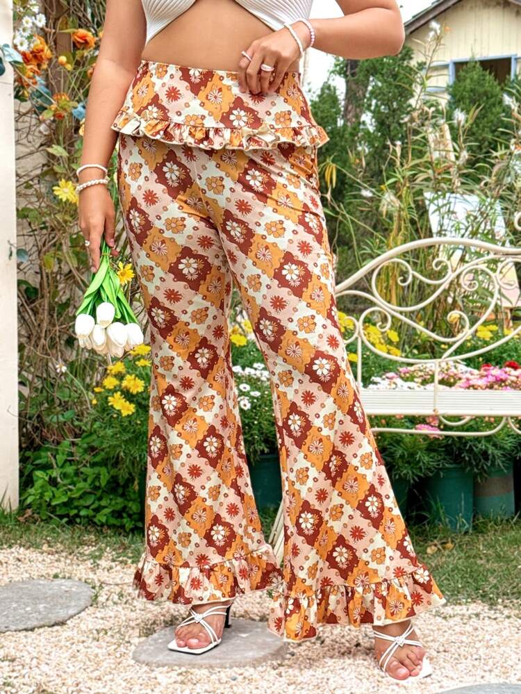 Plus Size Flared Pants With Ruffle Decor