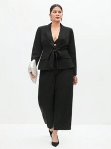 BizChic Plus Size Solid Color Deep V-Neck Tie Fashion Coat And Pants Suit - Black - View 3