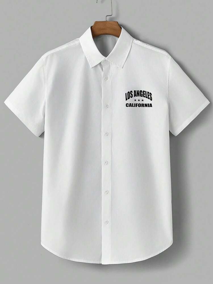 Men'S Short Sleeve Woven Casual Shirt With Letter Print