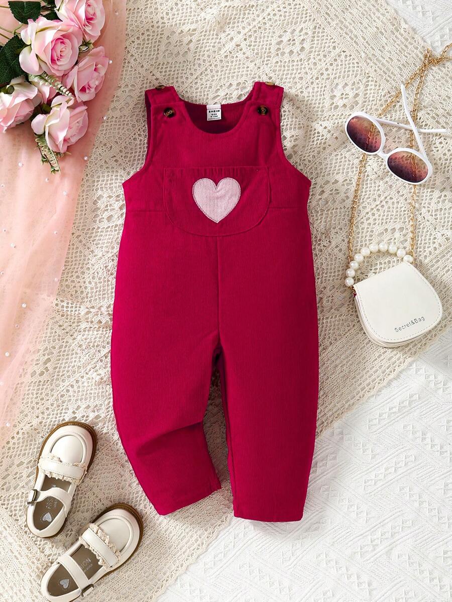 SHEIN Baby Girl Casual Vintage Heart-Shaped Embroidery Jumpsuit, Great For Autumn/Winter And Valentine's Day - Multicolor - View 1
