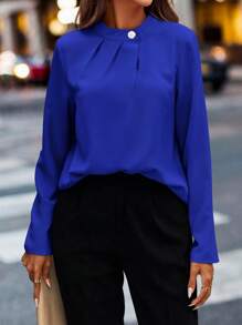 SHEIN Clasi Blusa unicolor con detalle de botones - azul real - Ver 3