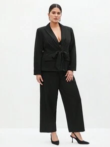 BizChic Plus Size Solid Color Deep V-Neck Tie Fashion Coat And Pants Suit - Black - View 4
