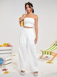 SHEIN Qutie 女式高腰荷叶边前褶皱阔腿裤配装饰腰带沙滩裤 - 白色 - 查看 6