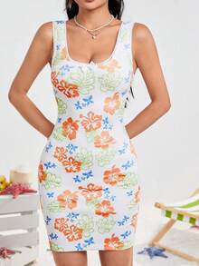 SHEIN Qutie Vòng cổ Hoa In Đầm Với Vòng cổ Và Cổ tay áo Xoăn Sóng Ren Nối - Nhiều màu - Xem 5