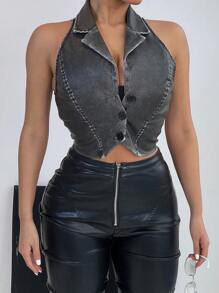 Zolique 1pc Women's Short Blazer Vest With Upward Button - Black - View 2