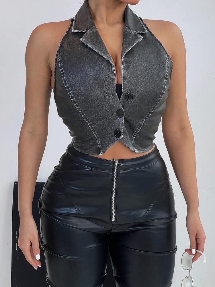 1pc Women's Short Blazer Vest With Upward Button