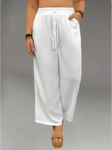 Calvaya Plus Drawstring Waist Wide Leg Pants Fall Cloth For Women - White - View 3