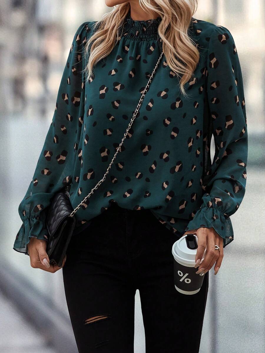 SHEIN Clasi Allover Print Flounce Sleeve Frill Trim Blouse,Long Sleeve Tops Fall Cloth For Women