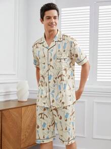 Men's Full Print Design Contrast Piping Pajama Set For Home - Beige - View 6