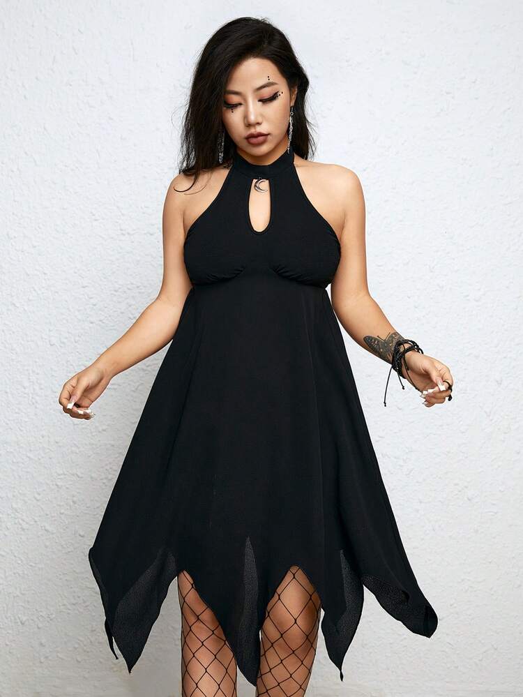 Solid Color Halter Neck Asymmetrical Hem Backless Women's Dress