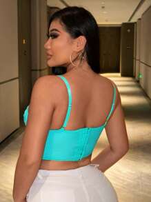 SHEIN SXY Corpete corselet curto sem mangas azul gota de muito elástico, alto padrão sexy de dia dos namorados para sutiã ajustável com tiras de ombro apertadas sedosas. - Azul cadete - Visão 2