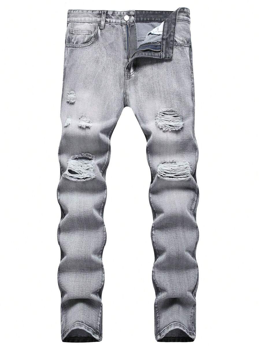 男款淺灰色破壞風格修身牛仔褲 - 淺灰色 - 查看 1