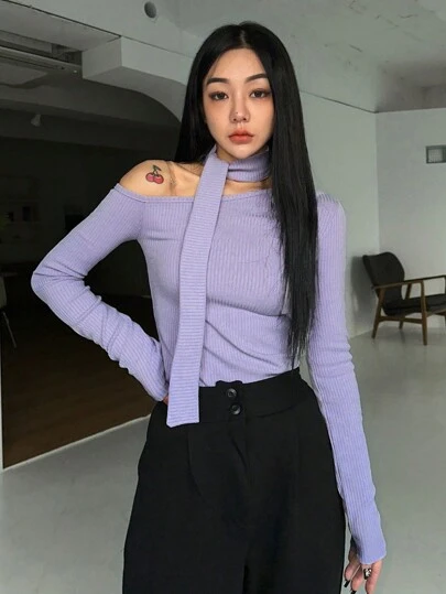 DAZY 女式純色清晰針織不對稱領口t恤