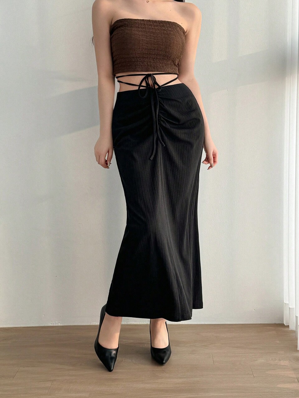 Solid Color Cross-Knotted Waist Skirt
