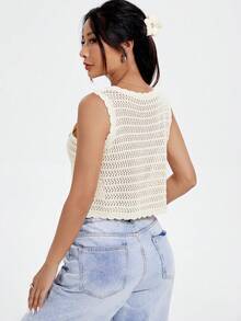 SHEIN Qutie 女士休閒花紋無袖空心針織上衣 - 杏色 - 查看 5