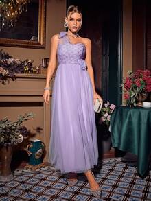 Glamaker Women's One Shoulder Sleeveless Mesh Party Evening Dress - Purple - View 6