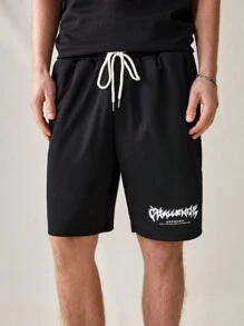 Mainfolk Men's Knitted Tank Top With Letter Print And Shorts With Slanted Pockets - Black - View 3