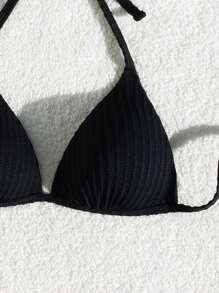 SHEIN Swim Women's Summer Beach Halter Texture Bikini Top - Black - View 5