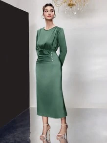 Modelyn Của phụ nữ Màu thuần Xếp li Đầm Với Trân châu Đồ trang trí Đối với Thanh lịch - màu xanh lá - Xem 7