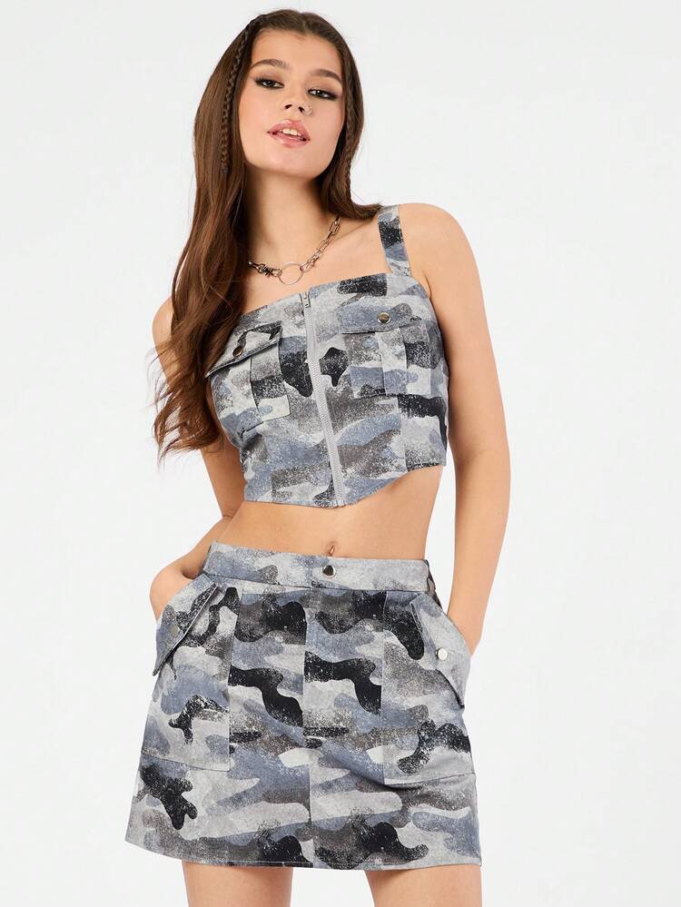 Ladies' Camouflage Printed Zip Front Crop Tank Top And Skirt With Slanted Pockets 2pcs/Set