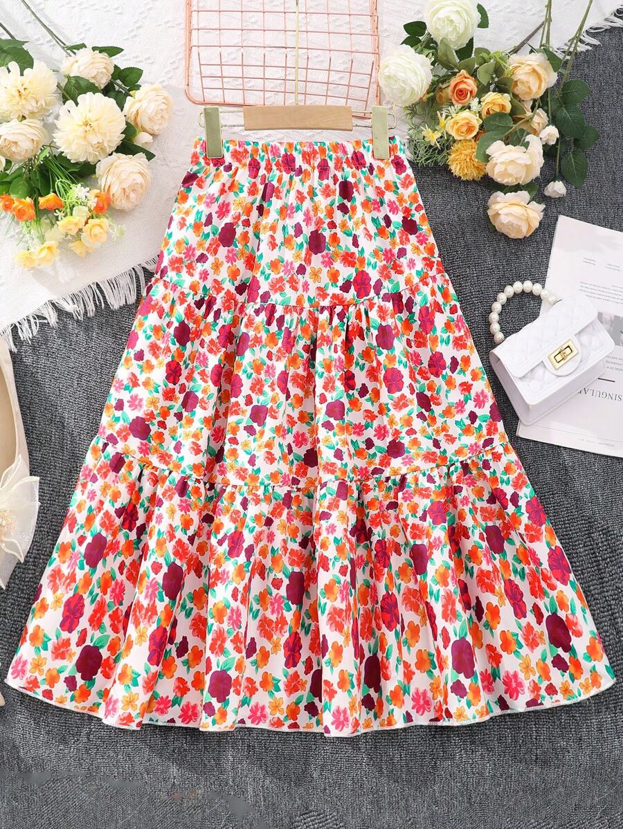 Tween Girl Floral Printed Casual Holiday Skirt - Multicolor - View 1