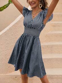 SHEIN LUNE Striped Print Butterfly Sleeve Dress - Navy Blue - View 6