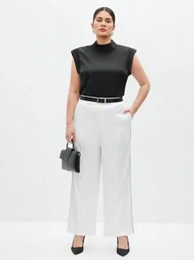 BizChic Plus Size Áo cổ đứng màu trơn, không tay, đa năng - màu đen - Xem 2