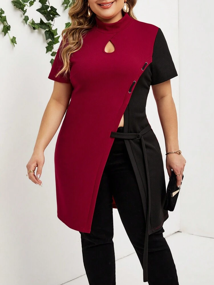 Plus Size Women's Patchwork Asymmetrical Hem T-Shirt
