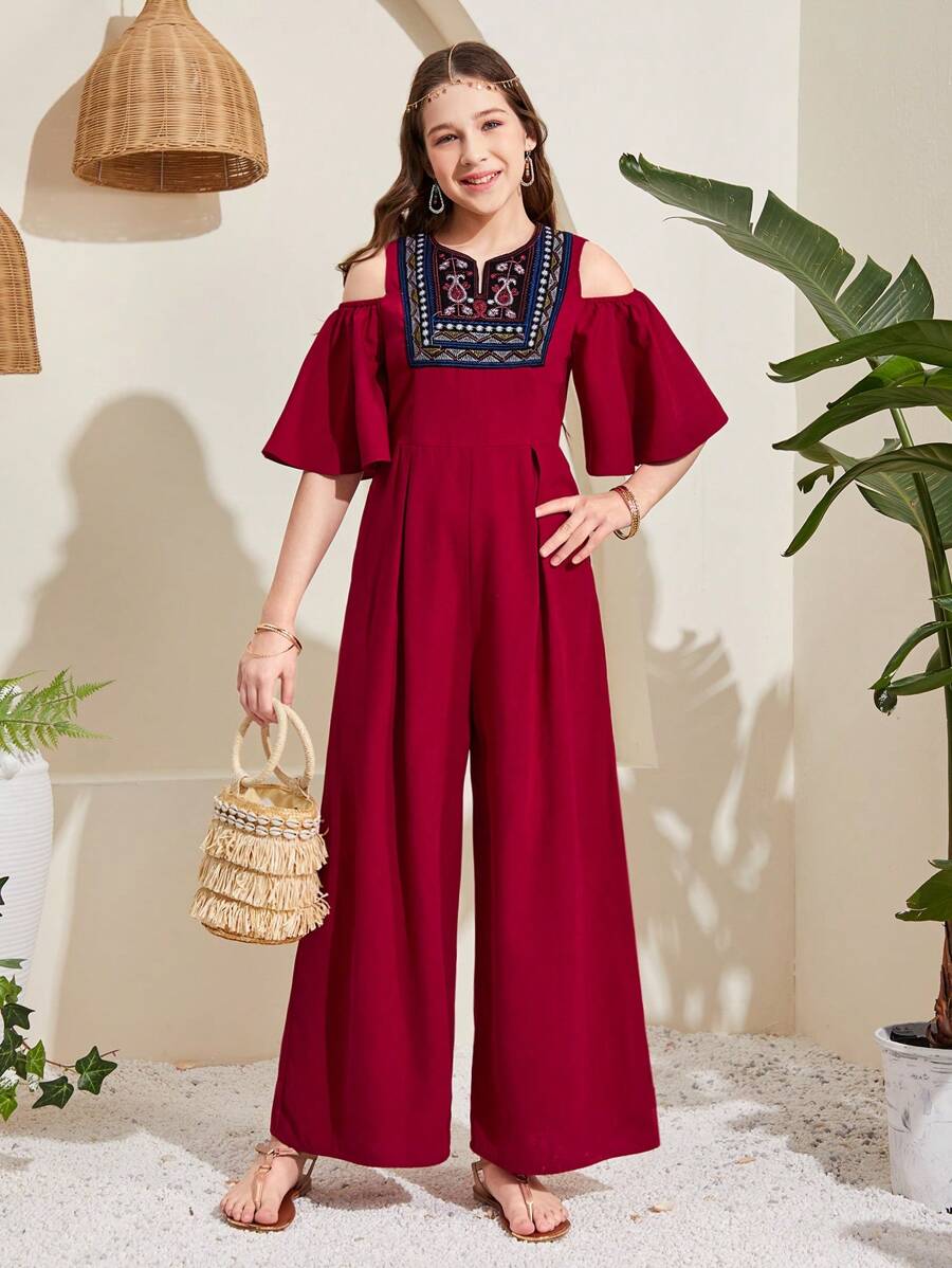 SHEIN Leap Crew 少女連身褲,刺繡,露肩設計,落肩寬腿,單色和拼接款式