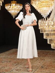 Modelyn Women's Square Neck Short Puff Sleeve Dress - White - View 9