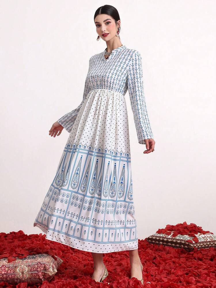 All-Over Printed Notched V-Neck Long Sleeve Dress