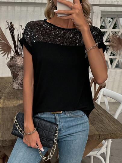 SHEIN LUNE Women's Shiny Sparkly Round Neck Short Sleeve T-Shirt