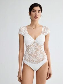 BizChic Söt Urringning Spets Kroppsuits Kontorsstil - Vitt - Visa 7