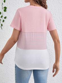 SHEIN Maternity Striped Color Block Breastfeeding Nursing T-Shirt - Pink - View 2