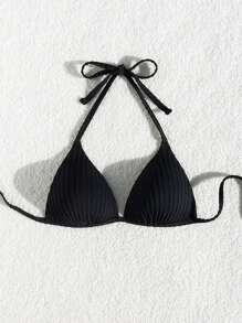 SHEIN Swim Women's Summer Beach Halter Texture Bikini Top - Black - View 3